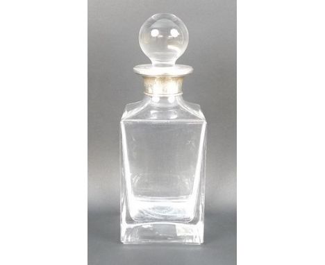 A square cut glass whisky decanter and stopper, with a silver collar, Birmingham 1999/2000, 26cm high. 