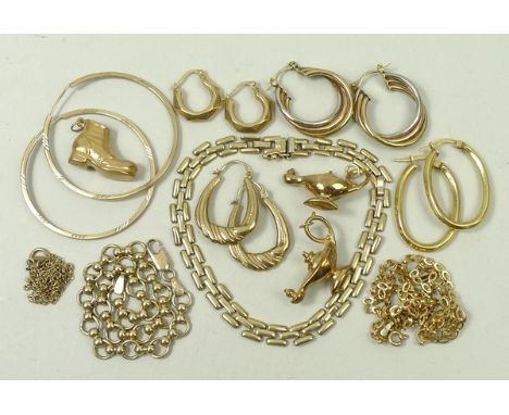 A 9ct gold circular link bracelet, further bracelet, oval link neckchain, further neckchain, two Roman oil lamp charms and a 