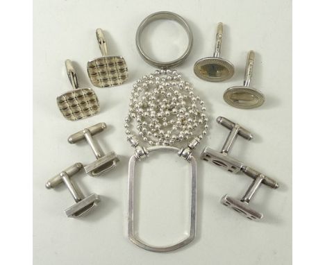 A pair of silver and onyx Charles Rennie Mackintosh style cufflinks, two pair of engine turned silver cufflinks, further pair