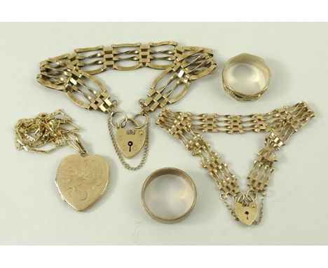 A 9ct gold four bar gate bracelet on a heart shaped padlock clasp, with safety chain as fitted, further four bar gate bracele