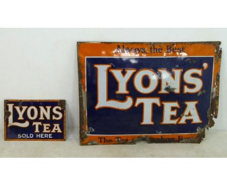 Two enamel shop advertising signs, the larger Lyon's Tea, 75 by 100cm, and the smaller a double sided Lyon's Tea Sold Here si