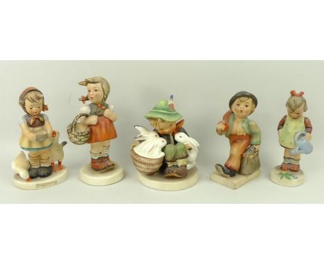 A group of Hummel figures, comprising; 'Playmates', 'Be Patient', 'Little Shopper', 'Merry Wanderer' and 'Little Gardener' (5