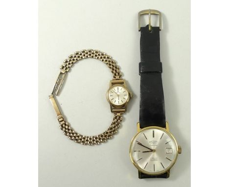 A lady's 9ct gold cased Omega wristwatch, circular champagne dial, on a 9ct gold gate bracelet, together with a Rotary gentle