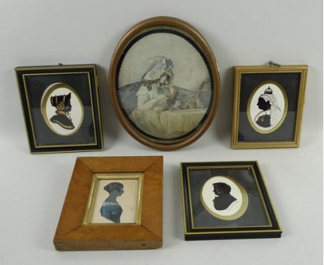 A 19th century profile portrait of a young lady, gouache, 9 by 6cm, together with three Enid Linder miniatures, signed, and a