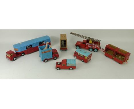 A quantity of Corgi Major Chipperfield's Circus vehicles including the articulated horse box with six horses, a crane, animal
