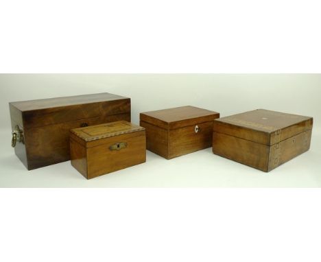 A George III mahogany three section tea caddy with brass lion's head and ring handles, 31 by 15 by 15cm, further mahogany twi