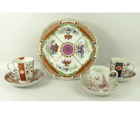 A group of three First Period Worcester coffee cups and saucers, and a Dr Wall Worcester cushion shaped dish painted in the '