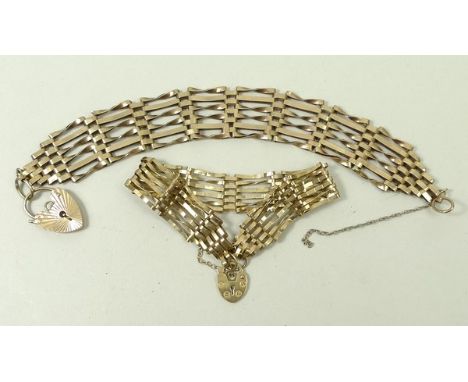 A 9ct gold six bar gate bracelet on a heart shaped, padlock clasp, with safety chain, and a similar, smaller 9ct gold gate br