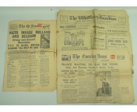 A quantity of vintage newspapers, comprising; 1940 The Star Newspaper: Nazis invade Holland and Belgium, The Evening News, Ju