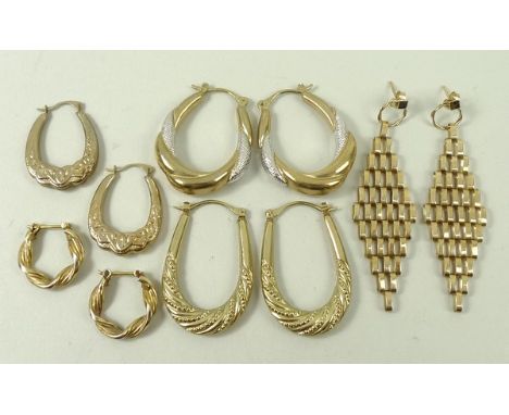 A pair of diamond shaped gate link earrings and four pairs of 9ct gold hoop earrings, 11.3g.