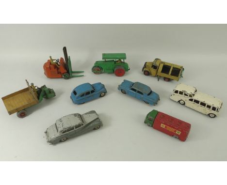 A Dinky Aveling Road Roller, no 25P, green with red hubs, and beige driver, a Silver Wraith, Observation Coach, a Bedford Bin