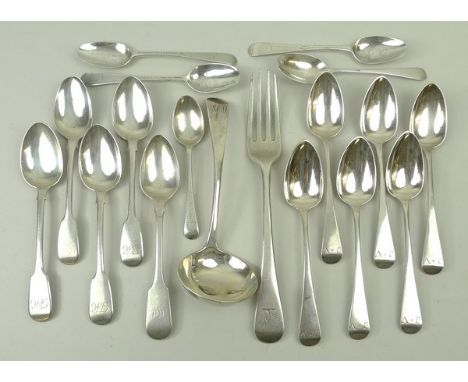 A quantity of George III and later flatware, comprising; a set of six Old English pattern tea spoons, monogram engraved, Samu