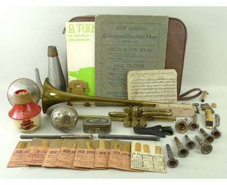 A Class A, W. Brown & Sons brass three valve trumpet (incomplete), together with a quantity of music ephemera, to include a g