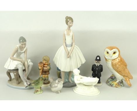 A Beswick model of a Barn Owl, no 1046, Hummel figure 'Little Scholar' 80, two Nao figures of ballerinas, Robert Harrop model