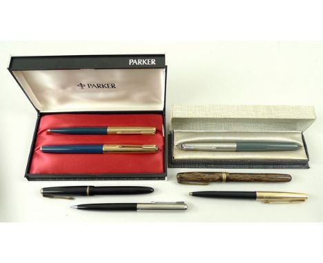A Parker fountain pen and biro set, with 12ct rolled gold lids, in original presentation box, a Parker biro with 12ct gold to