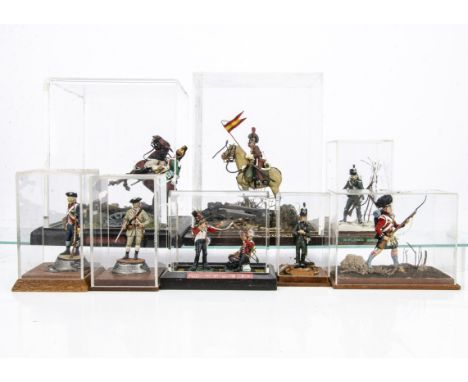 Large scale white metal models individually cased in Perspex cases, painted to a reasonable standard, a few pieces of terrain