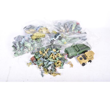 Large collection of Hong Kong made plastic Military Vehicles and figures, various makers and scales, including Tanks, Jeeps, 