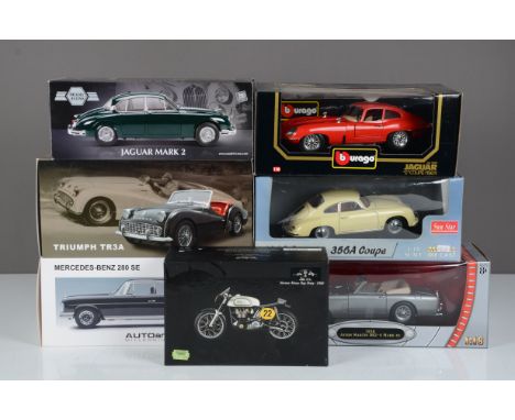 1:18 Scale Post War Cars and 1:12 Scale Motorbike, a boxed group comprises Road Signature 92788 1958 Aston Martin, Kyosho 080