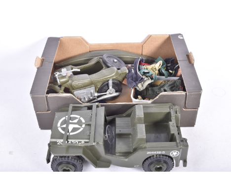 Vintage Action Man, including Cherilea Motorcycle &amp; Sidecar, Palitoy Sea Wolf, unbranded Jeep and two trailers, with a qu