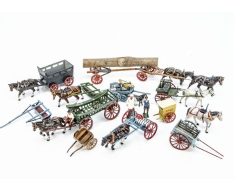 A collection of repainted original lead or diecast farm vehicles by Britains and others including Taylor &amp; Barrett Hovis 