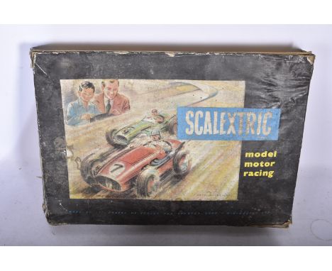 Early Minimodels Scalextric Set No  1, comprising Maserati tin cars in green No 7 and red No 8, oval of rubber track with six