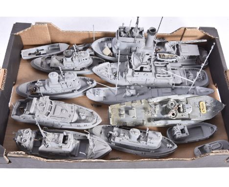 Collection of kitbuilt large scale small Naval Vessels, including various large (2) and small (3) Tugs, MTB, two masted yacht