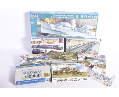 WWII Military Kits and Figures, a boxed collection includes 1:72 scale Revell 05048 Torpedo Boat, 05051  S100 Attack Craft, A