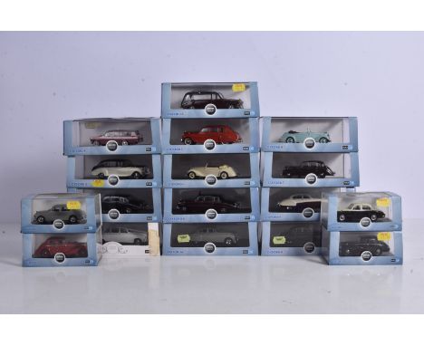 Oxford Automobile Company 1:43 Scale Models, a cased collection all with card sleeves of vintage private cars, G-E, Cases F-E