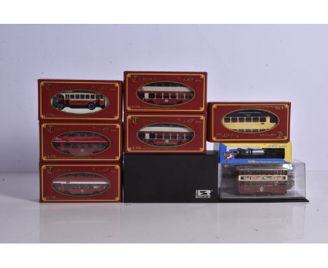 Resin and Diecast British Buses and Tram, a boxed/cased group of vintage vehicles 1:76 scale, comprises Resin Specialist RS-7