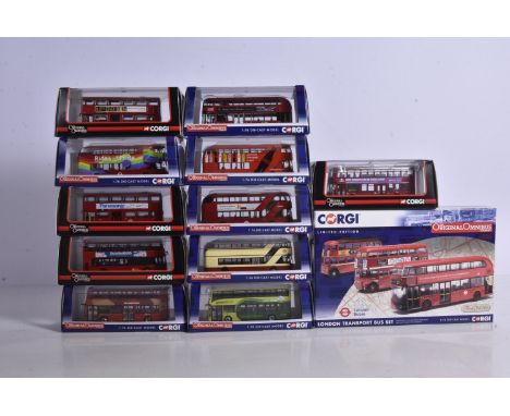 Corgi Original Omnibus Modern London Buses, a cased/boxed group of 1:76 scale double deck buses comprises, New Route Master (