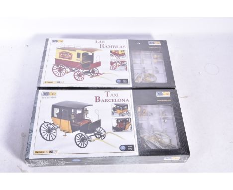 OcCre Ocio Creative 1:10 Scale Kits, Barcelona Taxi and Las Ramblas Horse Drawn Van metal and wood unmade kits, in original s