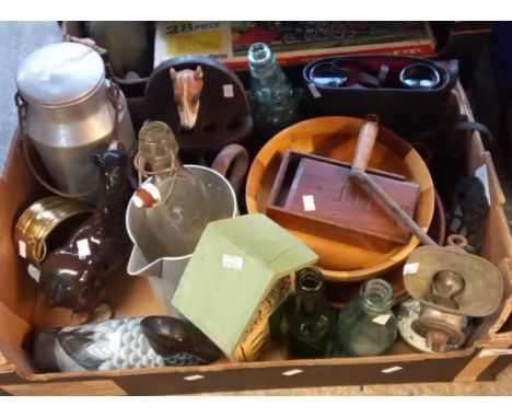 Tray of assorted tools: ring spanners, hand tools, Christmas tree stand, further tray containing baking flat, plough plane an