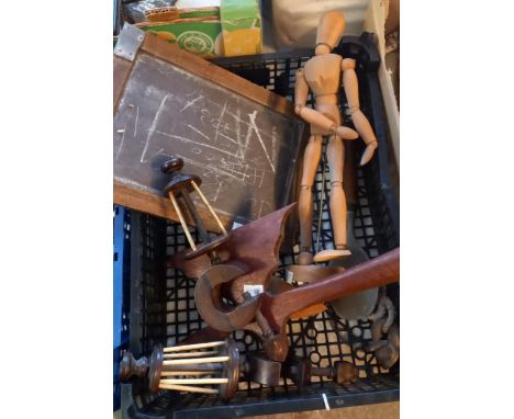 Tray of assorted treen to include: artist's jointed wooden figure, vintage child's school slate, wooden axe, two wool winders