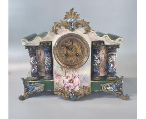 Early 20th century ceramic mantle clock with Champlevé enamel type decoration and French two train brass drum movement striki