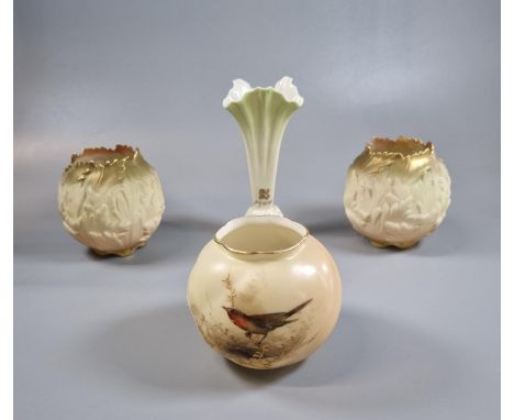 Pair of Royal Worcester G757 globular relief moulded vases together with another Royal Worcester globular porcelain vase pain