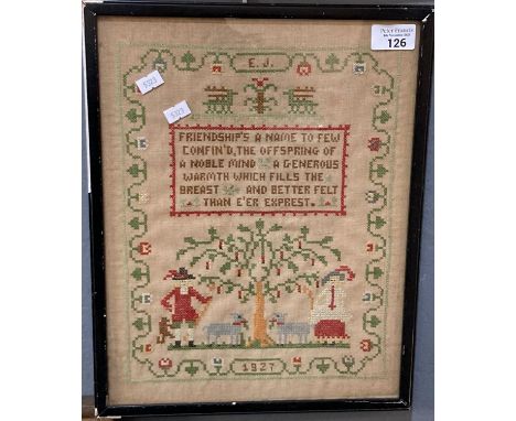Small needlework sampler 'Friendship's a name to few, confim'd the offspring of a noble mind et.'  dated 1927.  36x28cm appro