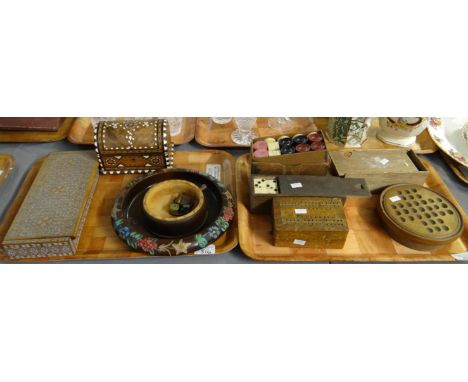 Two trays of assorted items to include: various vintage gaming counters; draughts, dominoes etc, a wooden travelling marble s