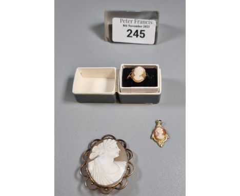 9ct gold cameo ring together with a 9ct gold cameo brooch and similar gold finish cameo pendant.  (B.P. 21% + VAT) 