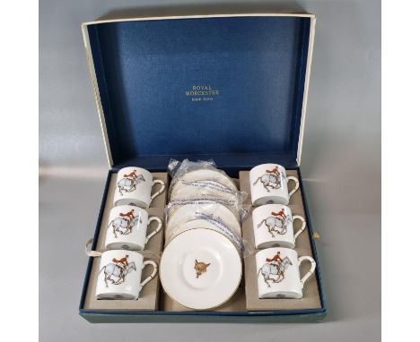 Royal Worcester bone china twelve piece coffee can and saucer set in original box in the Hunting Scene decoration, possibly d