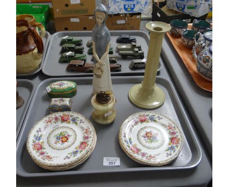 Tray of mostly china to include: Royal Grafton 'Malvern' design cake plates, hardstone table lighter, Limoges and other Frenc