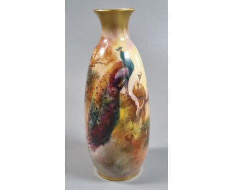 Royal Worcester porcelain ovoid shaped vase painted with peacocks perched in a fir tree, signed Sedgley shape No. 2491, puce 