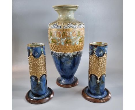 Royal Doulton Slaters patent stoneware vase No. 8419.  31cm high approx. together with a pair of Royal Doulton Slaters patent