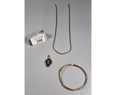 9ct gold bangle 4.8g approx. together with a gold plated chain, intaglio portrait pendant.  (3)  (B.P. 21% + VAT) 