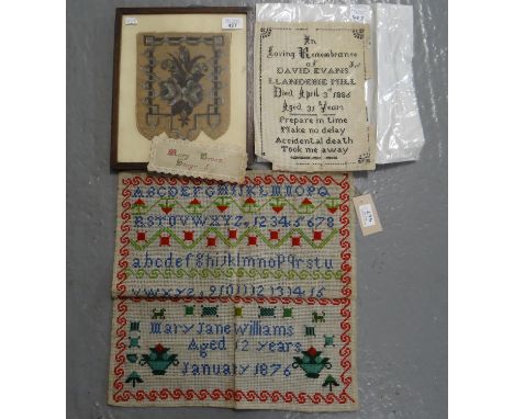 Collection of 19th Century textiles to include: a framed beadwork floral design panel, various unframed samplers and other ne