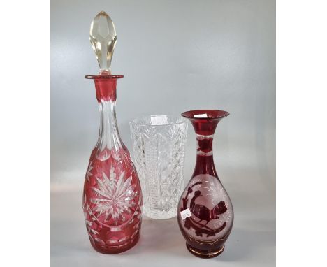 Cranberry and clear glass flash cut mallet shaped decanter and stopper together with a Waterford crystal 'Clare' vase.  20cm 