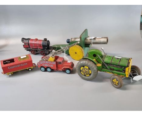 Collection of vintage toys to include: original Chipperfield's Circus International Crane Truck and animal trailer, a Hornby 