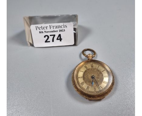19th century 14ct gold key wind fancy fob watch, engine turned Roman face with foliate engraved case.  Outer case only is gol