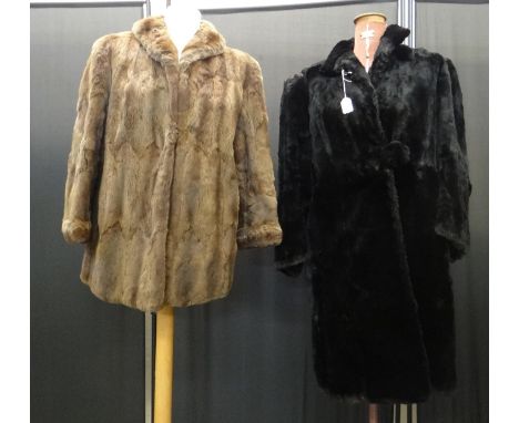 A vintage moleskin short coat with geometric design lining and a Frederick Hardy Fine Furs light brown fur jacket. (2)(B.P. 2