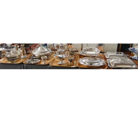 Five trays of mostly silver plate to include: New Zealand Shipping Co sauceboat, tea and coffee pots, sugar bowl, milk jug, c