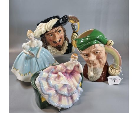 Two Royal Doulton character jugs to include: 'Scaramouch' and 'Leprechaun' together with Two Royal Doulton bone china figurin